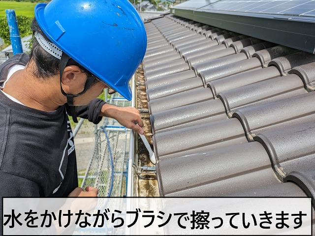 雨樋を掃除しているところ