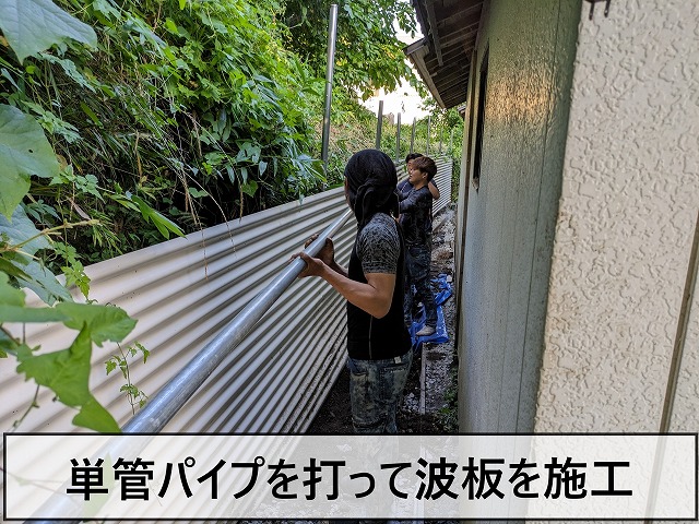 単管パイプを打ち込んでそこに波板を固定している状態