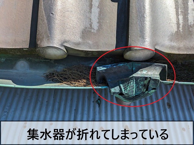 銅製の集水器が折れてしまっている状態
