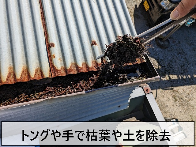 雨樋に詰まったものをトングや手で除去しているところ