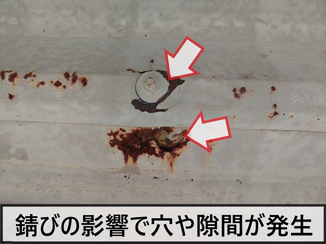 錆が進行して隙間や穴が発生した状態