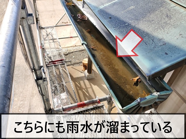 銅製の雨樋に雨水が溜まっている状態