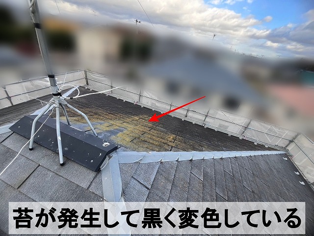 福島県須賀川市　スレート屋根に苔が発生して黒く変色してしまっている状態