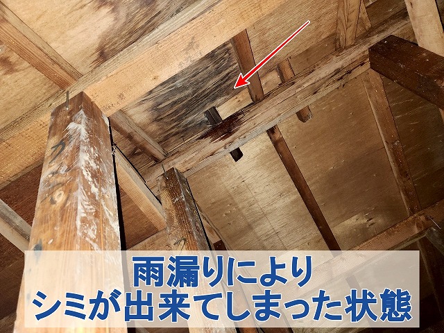 福島県三春町　雨漏りにより黒いシミが出来てしまっている天井裏