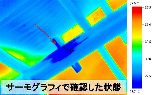 サーモグラフィを使用して雨漏りを確認した状態