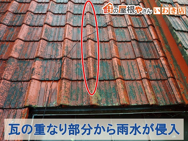 福島県いわき市　瓦の重なり部分から雨水が侵入している状態