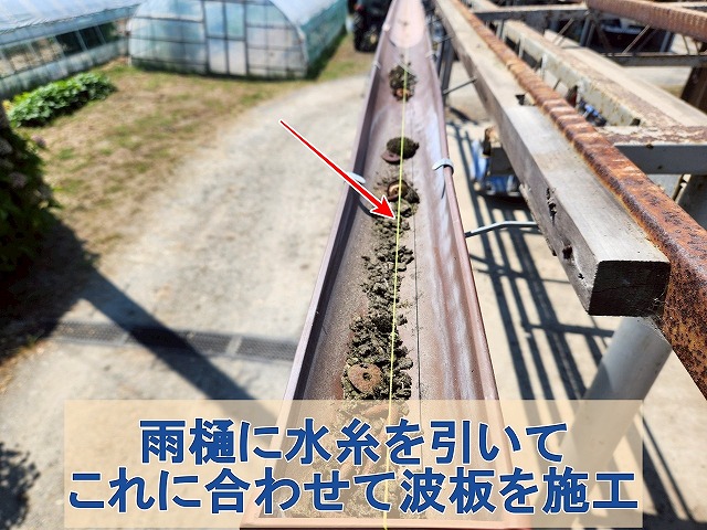 福島県三春町　雨樋にしっかりと配水が出来るように水糸を引きここに合わせて波板を施工