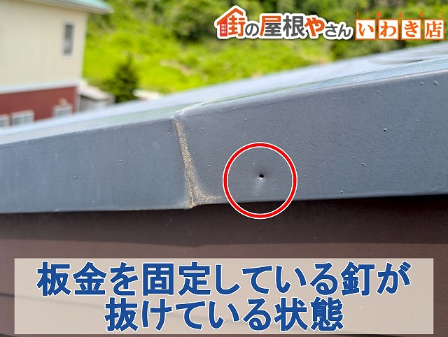 福島県郡山市　破風部分の板金を固定している釘が抜けてしまっている状態