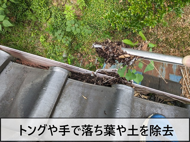 雨樋に溜まったものをトングや手で取り除いている