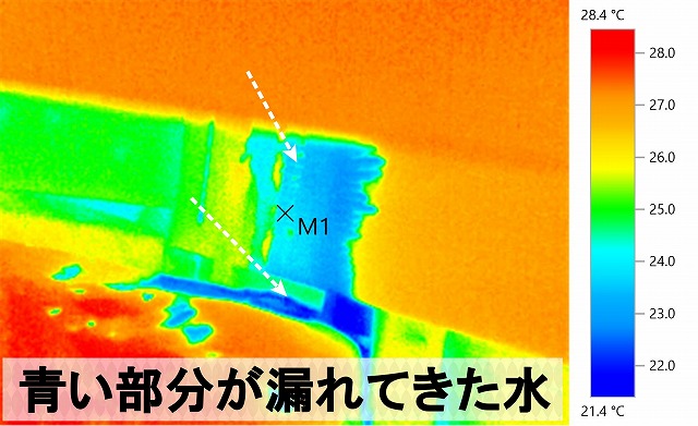 雨漏りした部分をサーモグラフィで確認したもの