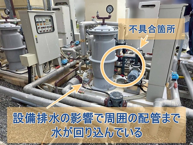 設備排水の影響で周囲の配管まで水が回り込んでいる