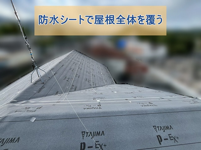 防水シートでスレート屋根全体を覆った