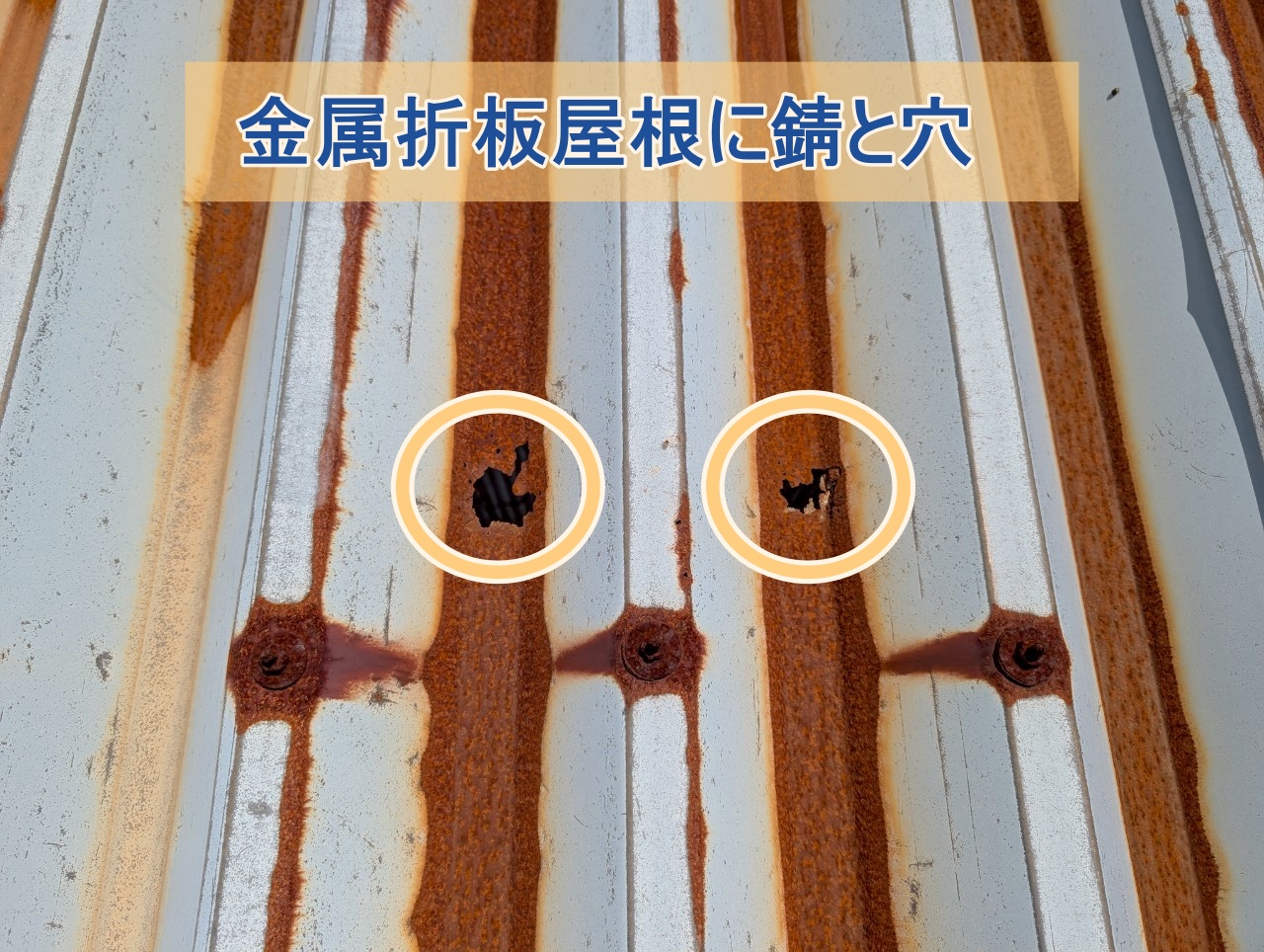 金属折板屋根に錆が発生し穴が開いてしまった様子