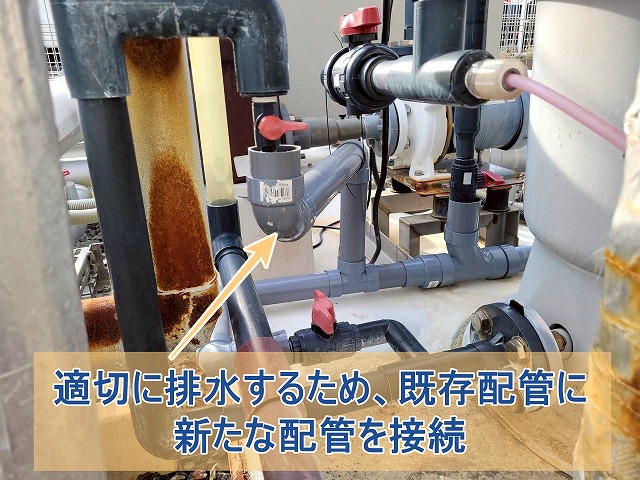 適切に排水するため既存配管に新たな配管を接続