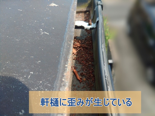 軒樋に枝葉や土砂が堆積した影響で歪んでいる様子