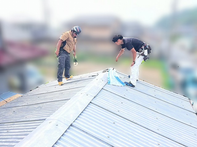 屋根の状態を確認している現場作業員