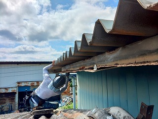 金属折板屋根の下を確認している様子