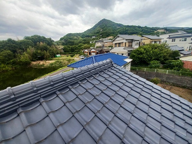 住宅の雨漏り調査で瓦屋根全体を見渡した様子
