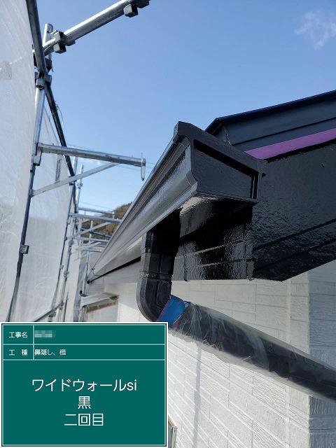 外壁塗装工事の「ワイドウォールSi」を用いた雨樋や鼻隠しへの2回目上塗り
