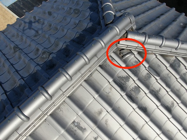 丸亀市　屋根の上の瓦破片