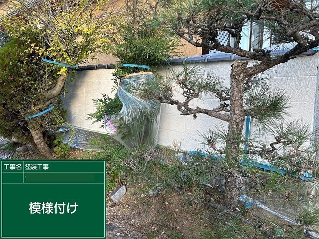 高松市　堀の塗装に伴い植木の養生