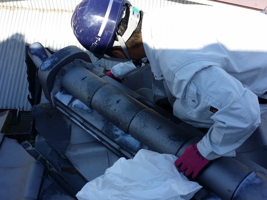 屋根に生えた雑草を慎重に撤去