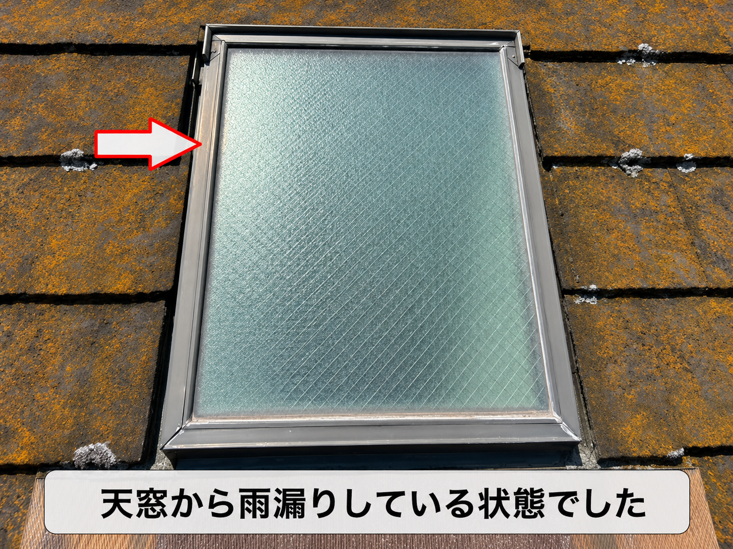 天窓から雨漏りしている様子