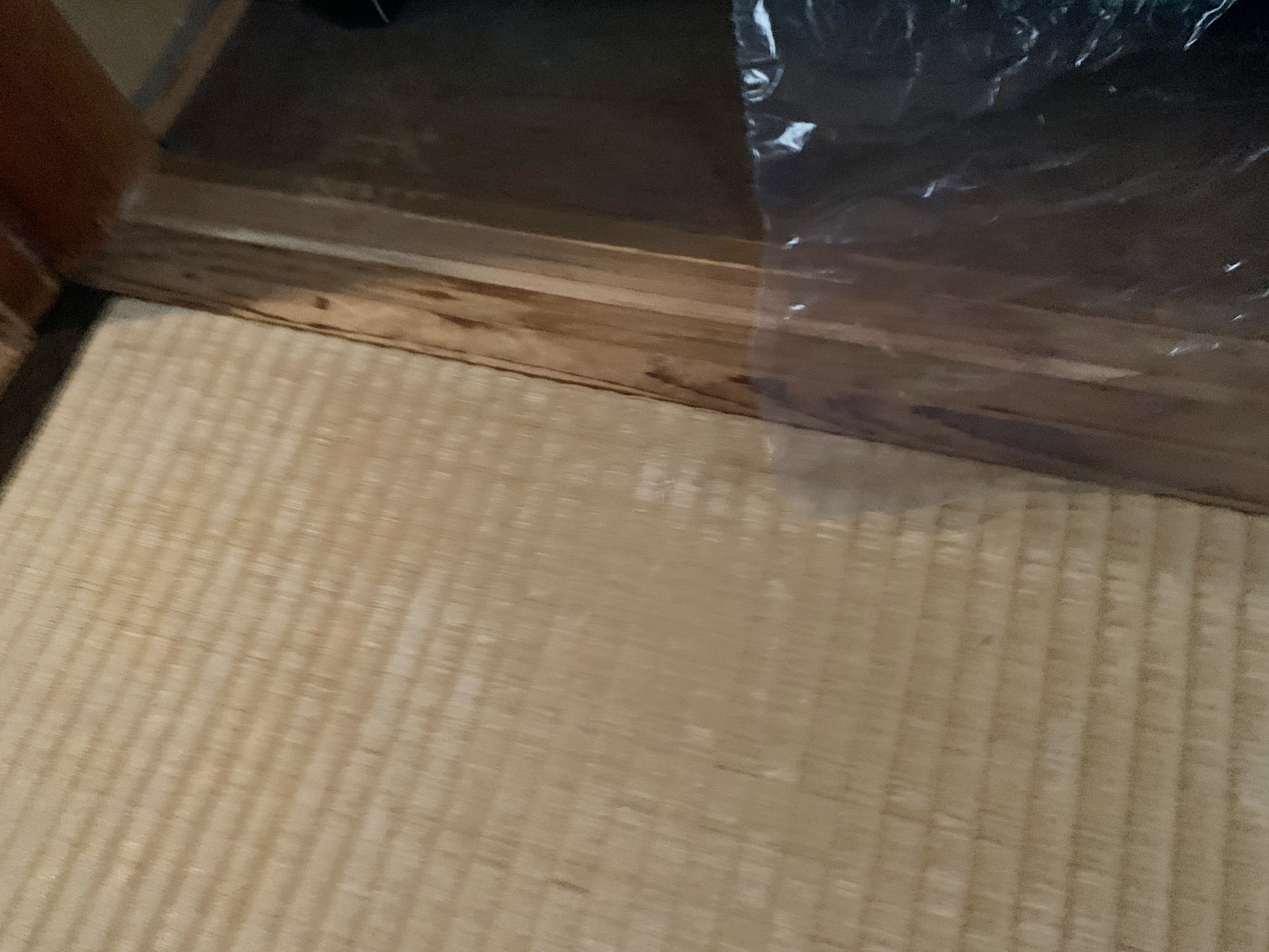 雨水浸入により黒く変色した床面