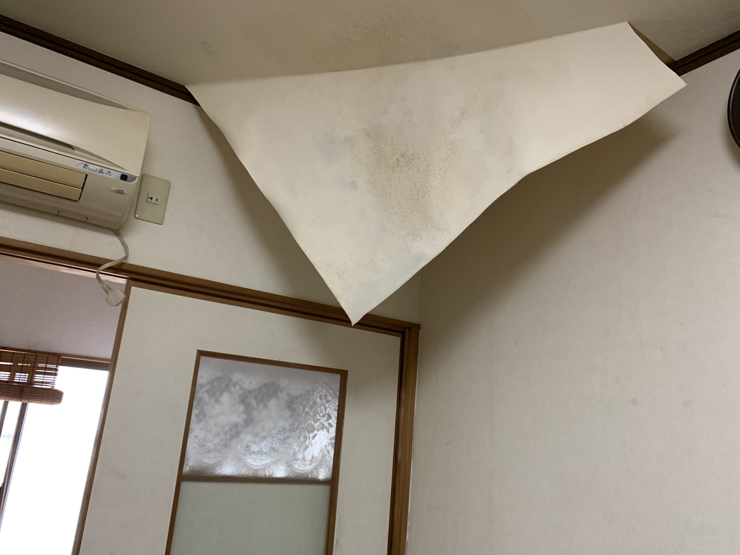 雨漏りによりめくれた天井クロス