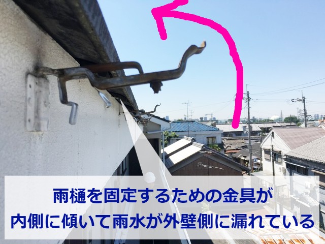 外壁側に傾いた雨樋受け金具