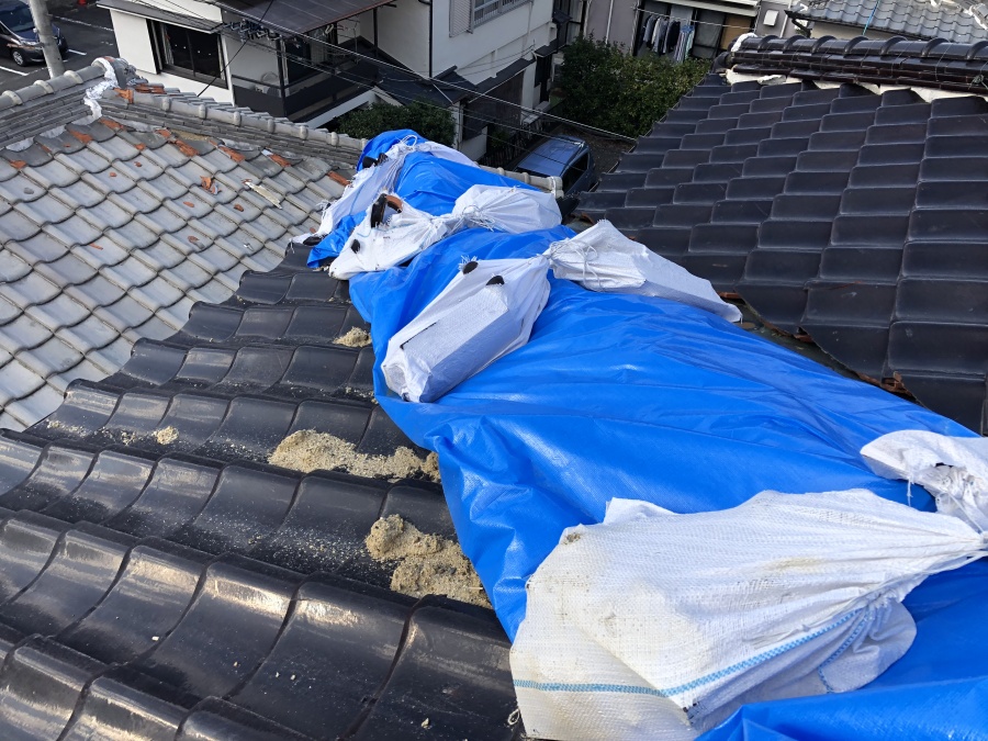 台風後応急処置として覆ったブルーシート