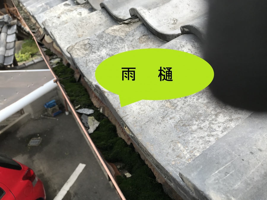 瓦屋根と汚れやゴミの溜まった雨樋