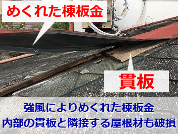 強風でめくれたカラーベスト屋根の棟板金内部