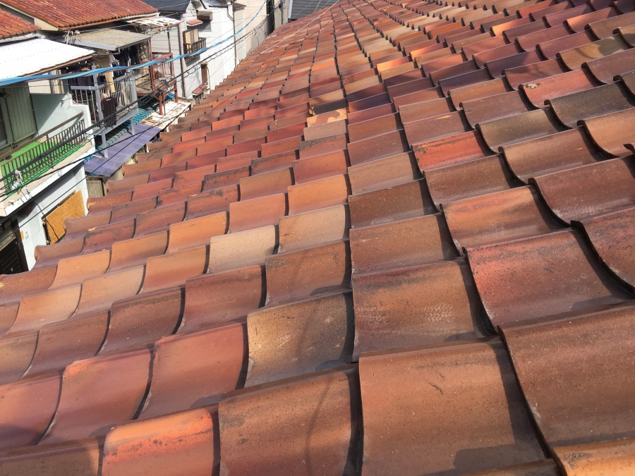 釉薬瓦が葺かれた連棟の屋根