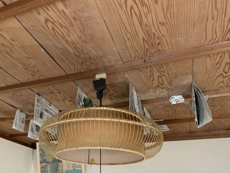 雨漏りしている天井板に挟まれた新聞紙