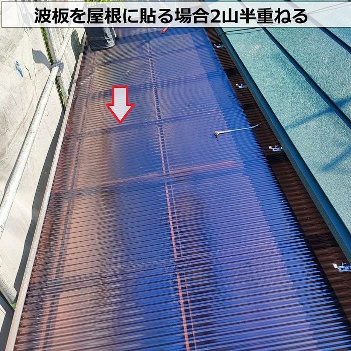 波板交換で2山半重ねている様子