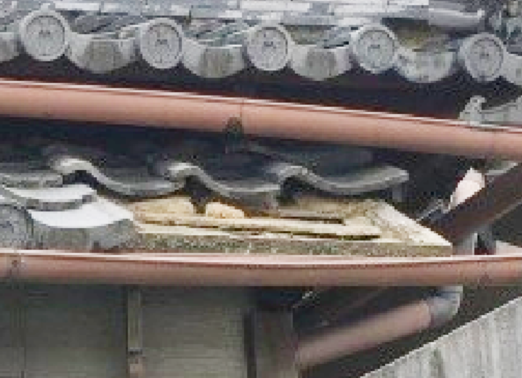 部分的に剥がれた瓦屋根