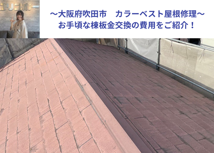 吹田市　カラーベスト屋根の修理を行う現場の様子