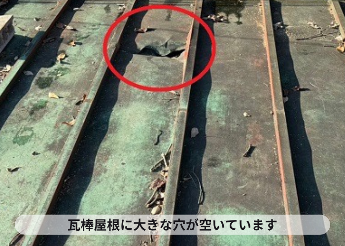 高槻市　部分修理を行う瓦棒屋根に大きな穴が空いている様子