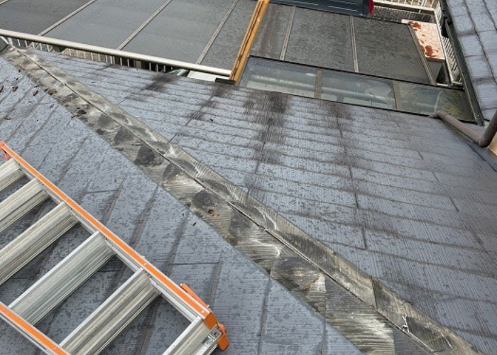 棟板金撤去後に屋根上を清掃している様子