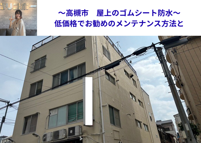 茨木市で色褪せたゴムシート防水のメンテナンスを行う現場の様子