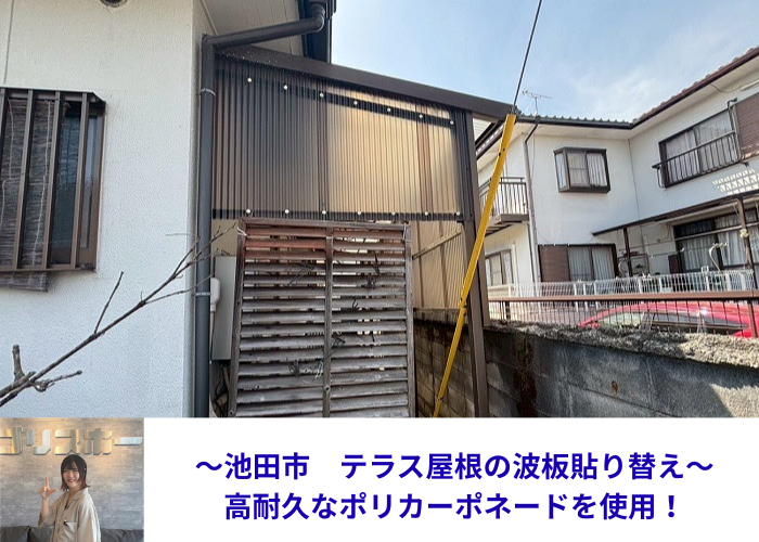 池田市でテラス屋根の波板を高耐久なポリカ波板に張り替える現場の様子