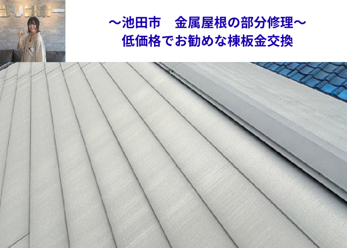 池田市で低価格な金属屋根の部分修理として棟板金交換を行う現場の様子