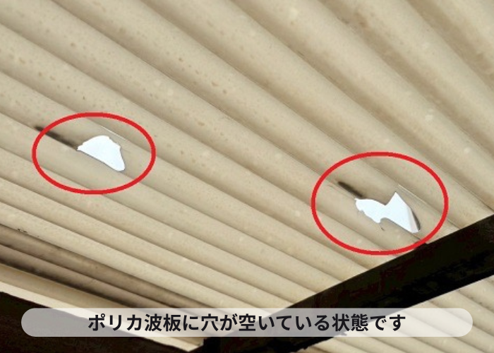 ポリカ波板に穴が空いている様子