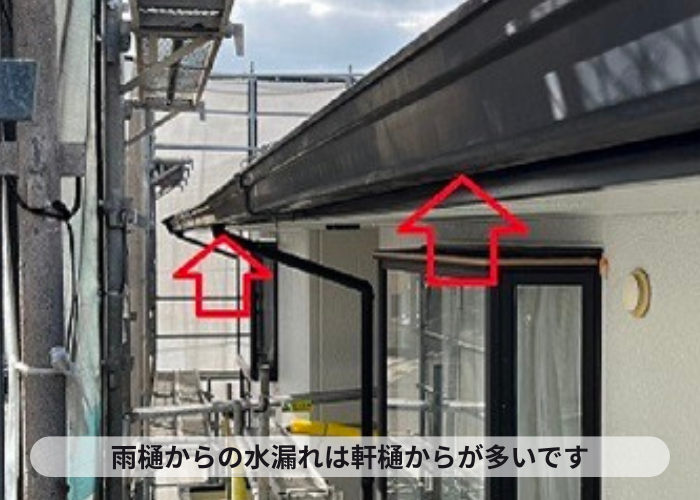 経年劣化で水漏れしている軒樋の様子