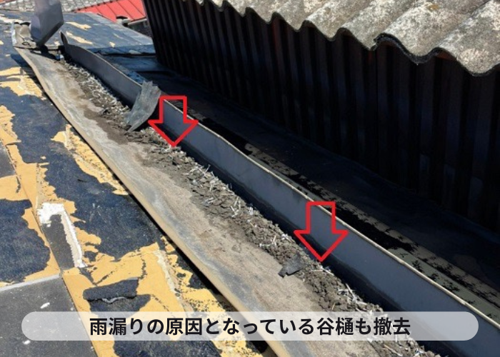葺き替え工事で雨漏りの原因となっている谷樋を撤去している様子