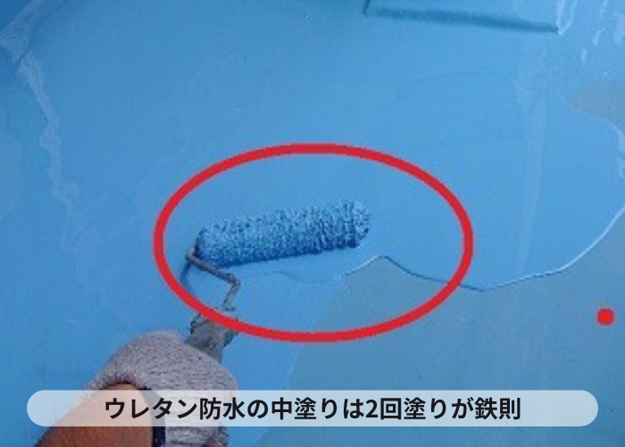 ウレタン防水通気緩衝工法で2回目の中塗り