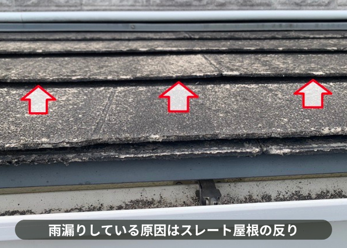 吹田市　スレート庇屋根からの雨漏り原因はスレート屋根の反り