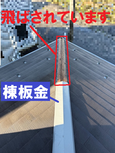 棟板金が強風で飛ばされていました