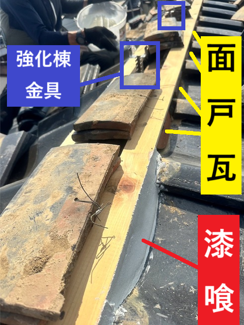 強化棟金具・面戸瓦を設置して漆喰を塗りました